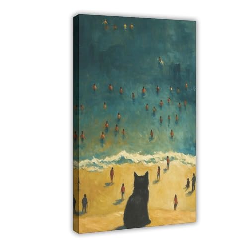 SWDXA Black Cat Ocean Tiny Swimmers Coastal Art Canvas Poster
