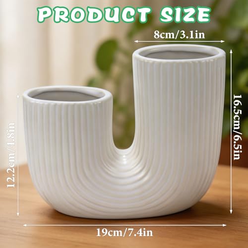 ISTOOLL U-Shaped Ceramic Vase for Table Decor, White Double mouthed Vases for Centerpiece for Living Room, Coffee Table Decor, Kitchen, and Office — view 3