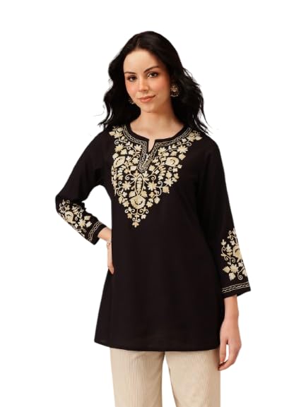 Image of QAZMI Women's Jasmine Kashimiri Aari Embroidered Viscose Rayon A-Line Flared Short Kurti
