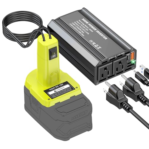 300W Power Inverter Compatible with Ryobi 18V Battery DC 18V to AC 110V Portable Power Station Generator with 2 AC Outlets & 1 Type-C PD 65W & 1 USB A 18W Max for Emergency Power