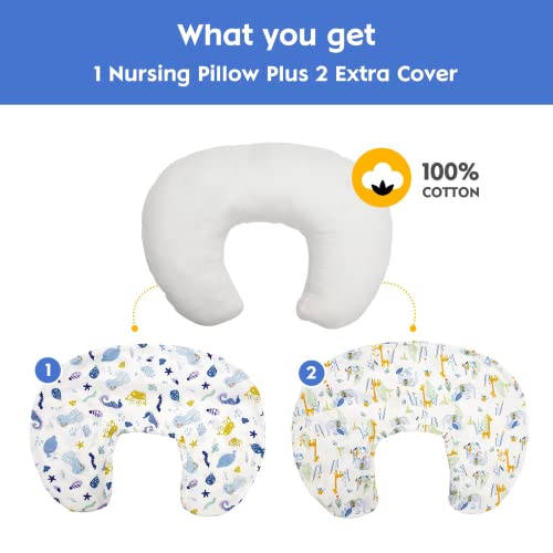 Baby Nursing Pillow For Feeding, Infant Breastfeeding Awake-Time Support, With 2 Removable Cotton Cover, Soft Machine Washable White Cute Animals #TOP6