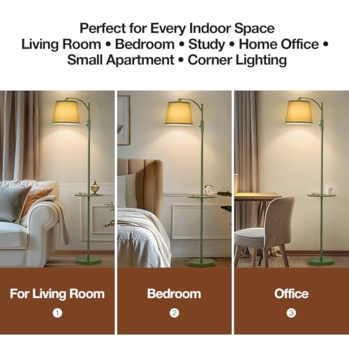 Image of AIDENOEY Fully Dimmable Floor Lamp for Living Room,Standing Lamp Rotary Switch with Table&Linen Beige Shade,Green Tall Lamps for Bedroom with Adjust Head,9W LED Bulb Included