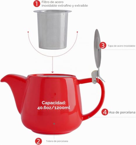 Miniatura 4 de Vivilinen Tetera Con Infusor Extraíble Y Tapa Metálica De 1,2 Litros, Tetera De Cerámica Para Té En Hojas Y Té A Granel
