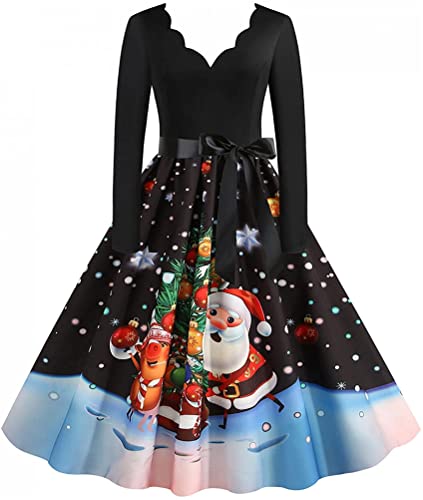 ORANDESIGNE Weihnachten Kleid Damen Sexy Tiefer V-Ausschnitt Langarm Weihnachtskleid Santa Elegant Cocktailkleider Rockabilly Kleid Faltenrock...