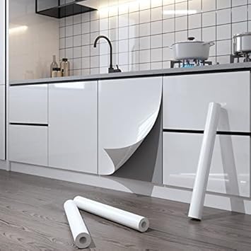 HAPPYMATES Glossy Marble Wallpaper Wood Self Adhesive White Removable Wallpaper, PVC White Wall Papers Bedroom Living Room Kitchen Cabinets Furniture (24 Inch X 148 Inch)