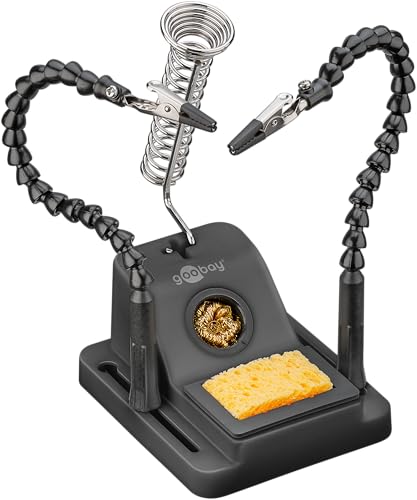 goobay 76561 Aide à la soudure avec 2 cols de cygne flexibles avec pinces crocodiles, support de fer à souder, éponge à souder et laine de nettoyage – Pour platines, modélisme et bricolage