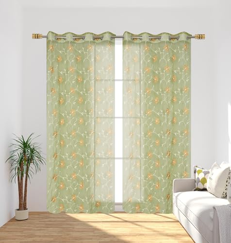 Image of Homefab India Embroidery Floral Net Transparent Sheer Curtain - 5X4 Feet, Window Curtains, Green, Pack of 1 Pc