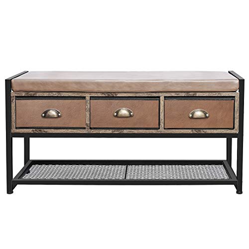 X-cosrack Industrial Shoe Bench Rack, 3-Tier Shoe Storage Organizer Shelf, Cushion Storage Bench with 3 Drawers &Mesh Shelf for Bedroom Hallway Entryway Living Room,Brown and Black