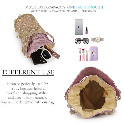 Image of Nevis Silk Fabric Designe Embroidered Potli Bag with Pearl Tassels & Beaded Strap | Bridal Ethnic Drawstring Clutch for Wedding