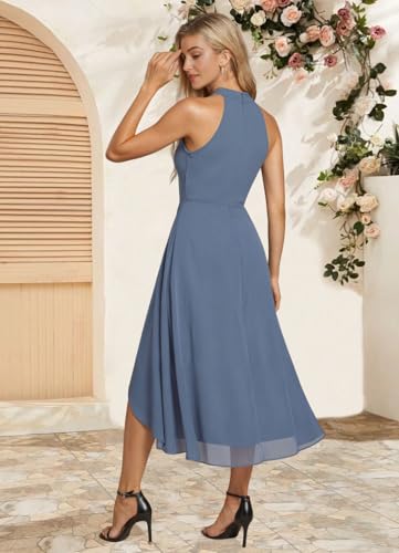 Halter Short Bridesmaid Dresses for Women 2025 A Line High Low Ruched Chiffon Formal Wedding Guest Dress with Pocket2