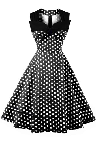 AXOE Damen Rockabilly Kleid 50er 60er Jahre Vintage Elegant Festlich Cocktailkleid für Hochzeitsgast Schwarz mit Weißen Punkten, Gr. 42, XL
