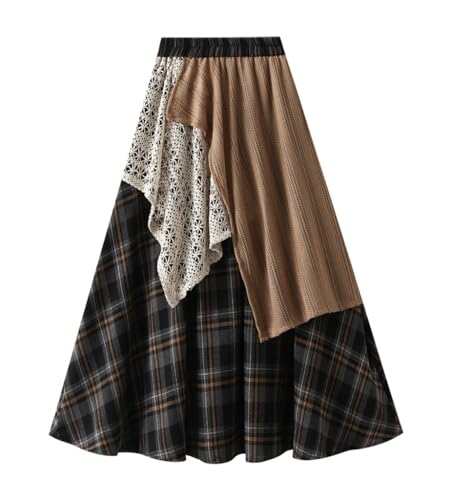 Women Pleated Midi Skirt Lace Color Block Gingham A-Line Flare Long Maxi Skirt
