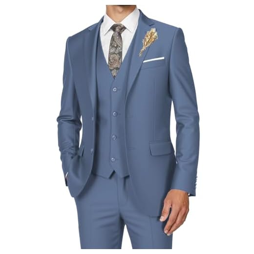 Conjunto de 3 peças de terno masculino slim fit smoking para homens dois botões sólido jaqueta colete calça conjunto, Jeans azul, M