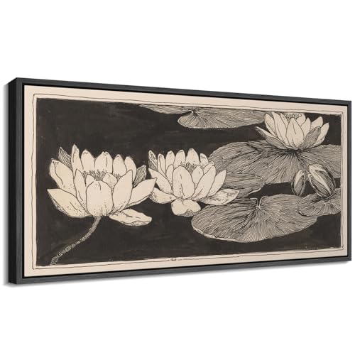Image of MUDECOR Extra Large Framed Canvas Print Wall Art Vintage Lotus Flower Line Art Botanical Black and Beige Antique Retro Ready to Hang Painting for Living Room Bedroom Multi-Sizes - 60 inchx30 inch