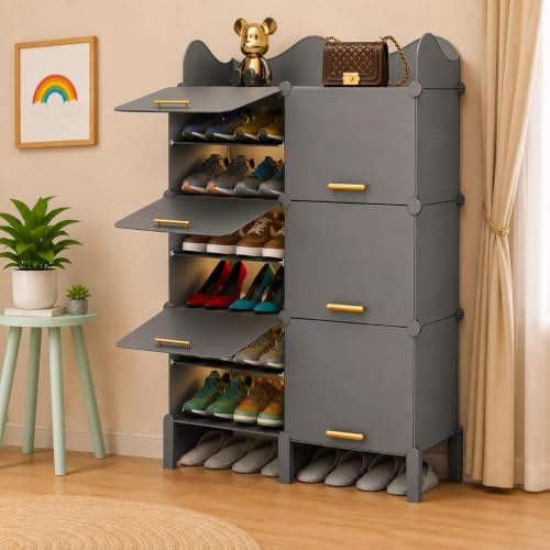 Image of Mevigo 12-Tier Shoe Rack with 6-Doors|Holds 24-Pairs |Waterproof & Dustproof Modular Plastic Shoe Cabinet|Foldable Stackable Shoe Organizer with MetalFrame |Space Saving Storage(Grey-HG1