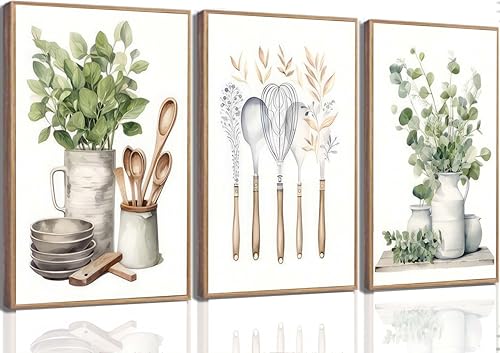 3 Pcs Sage Green Farmhouse Kitchen Canvas Wall Art Minimalist Dining Room Eucalyptus leaves plant Painting Pictures Wall Decor Poster Print Artwork For Dining Room kitchen Home Decoration Unframed
