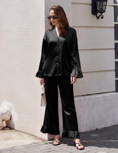 Ekouaer Satin Pajamas for Women Silk Pjs Long Sleeve Lounge Set with Ruffle - image 6