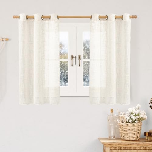 Image of LAMIT Linen Blended Curtains 48 inch for Windows, Linen Textured Light Filtering Drapes Bronze Grommet Boho Neutral Panels for Farmhouse /Bathroom, 2 Panels, 34 x 48 Inch, Cream