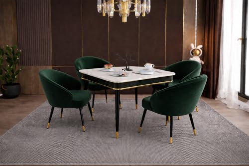 Image of WOODEN SPACE 4 Seater Wooden Dining Table Set | Urban Marble Top Dining Table with Chairs for Dining Room & Kitchen (Modern Classic Dark Green) (42 x 42 x 30 inch)