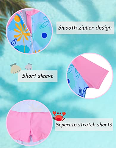 Kukume Kids Girls Short Sleeves Swimsuit Zip Up One Piece Swimwear Ruffle Skirts Bathing Suit Rash Guard Wetsuit Pink #TOP1