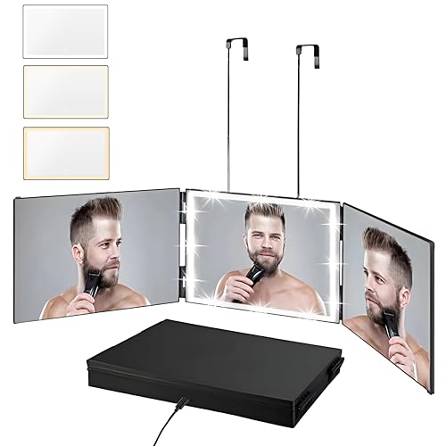 Rechargeable 3 Way Mirror for Hair Cutting, Real Glass Adjustable Trifold Mirror with 3 Color Temps LED Light & Telescoping Hooks for Makeup, Shaving & Styling