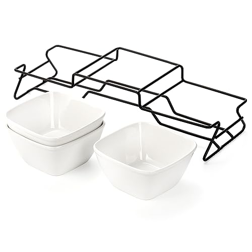 ZENFUN 10 oz Square Bowl Chip & Dip Serving Set, Pocelain Ramekin Bowls with Metal Rack Stand, White Small Serving Dishes, Condiment Serving Tray for Entertaining, Party, Buffets - Image 5