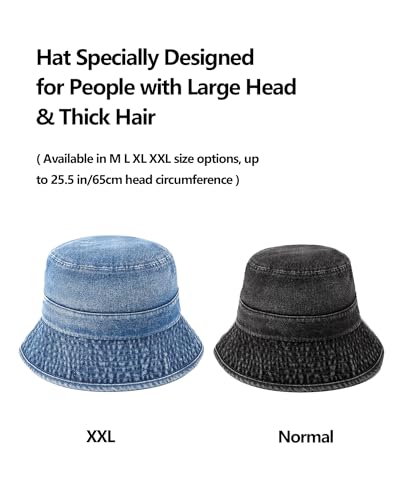 Image of Zylioo Oversized Denim Bucket Hat, XXL XL L M Fisherman Sun Hat with Chin Cord, Washed Jean Packable Summer Travel Hat