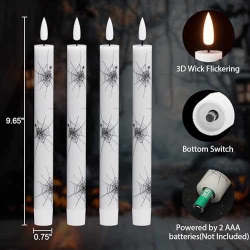 Image of Halloween Flameless Taper Candles Battery Operated with Remote and Timer, Real Wax 3D Wick Flickering LED Taper Candle Spider Web Decals Dinner Table Halloween Decor(4 Pack, 0.78 inchD x 9.64 inchH)
