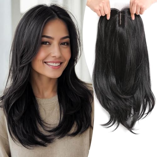 Ms Taj Piezas de pelo para cabello fino, 45 cm, color negro natural, con capas naturales, extensiones de clip para más volumen de cabello, postizo sintético Haa con flequillo