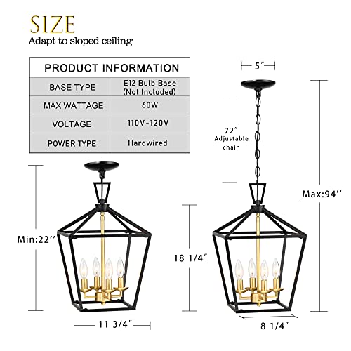 Untrammelife 4-Light Lantern Pendant Light Black and Gold Brushed Brass Kitchen Pendant Light Modern Geometric Chandelier Adjustable Chain Cage Hanging Pendant Light Fixture for Foyer Dining Room