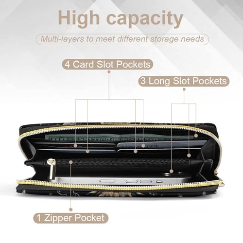 Women's Cute Decor Wallet, Long PU Zipper Wallet, Travel Purse Fashion Design, Huge Storage Capacity Purse Mystical Magical Cosmic Astrology Sun Crescent Moon Stars Gold Black Art4