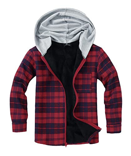 Image of V VALANCH Boys Flannel Jacket Hooded Fleece Lined Zip-up Hoodies Plaid Coat for Kids