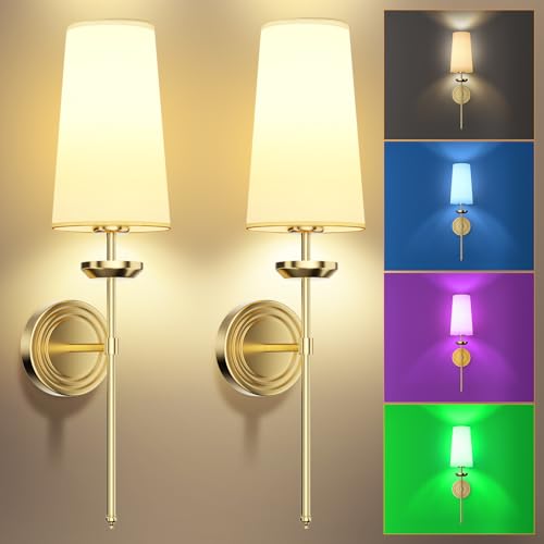 Image of Frideko Large Fabric Rechargeable Wall Sconces Set of Two with Remote, RGB 15 Color Dimmable Battery Operated Wall Light, Indoor Wireless Wall Lamp with 3 Timer, Modern Wall Lighting for Living Room