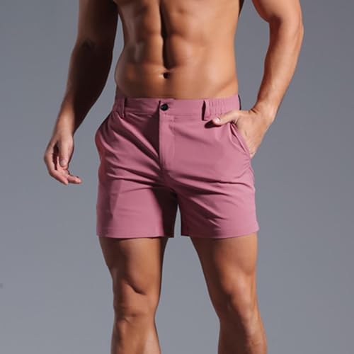 Summer Beach Shorts for Men Casual Solid Color Button Elastic Waist Straight Leg Shorts Workout Athletic Short Pants2