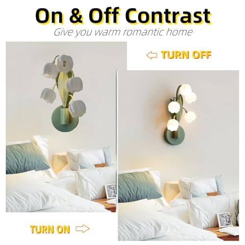 Image of Flower Wall Sconce Light 5 Lily of The Valley Lights Flower Wall Light Fixture with 3 Color, Floral Wall Sconces Lily Bedside Wall Lamps with G4 Led Bulbs for Bedroom, Living Room (Green)
