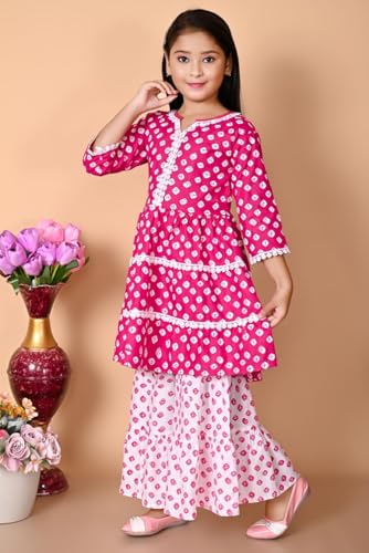 Image of First DREAMGirls Pink Bandhani Printed with Cotton Flower Lace Kurta with Sharara