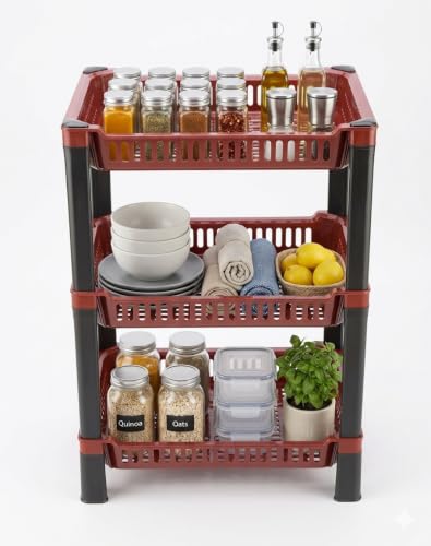 Image of U-Max Multi Tire Kitchen Storage Rack, Plastic Utility Shelf Organiser, Space Saving Storage Solution, Revolving Vegetable Rack (Maroon, 3)