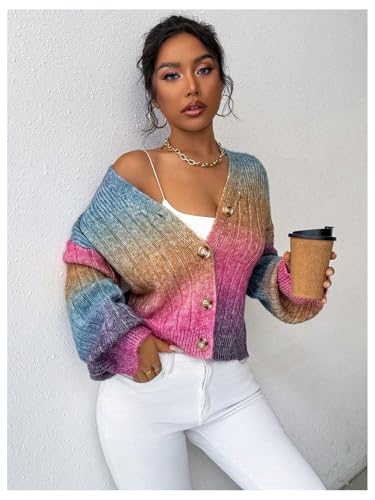GORGLITTER Women's Colorful Button Up Cropped Cardigan Sweaters Open Front Long Sleeve Chunky Knit Cardigan4
