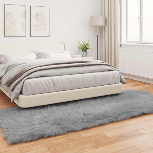 Grand tapis de salon poils longs en polyester doux imitation fourrure grise