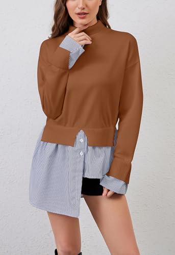 Image of Women Turtleneck Long Sleeve Sweater Patchwork Button Down Striped High Low Hem Shirt Vinatge Pullover Top Brown
