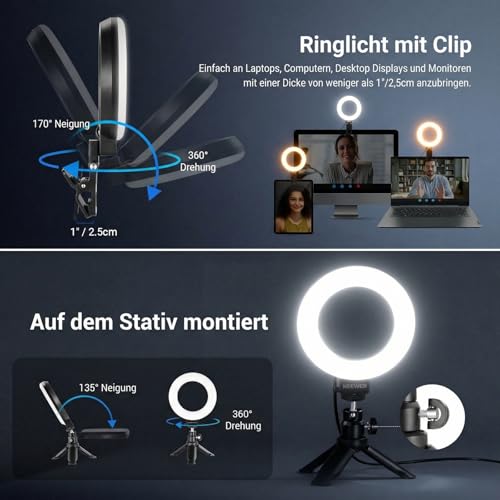 NEEWER BASICS 5' Ringlicht mit Klemme und Mini Stativ, 10W 3000k-6000K Dimmbares Ansteckleuchte für Laptop Computer Monitor Videokonferenzen Selfie, Vlog Makeup, Live Streaming, Videoaufnahmen, BR60