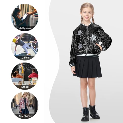 Image of LOLANTA Girls Sequin Jacket, Long Sleeve Kids Bomber Coats with Pockets, Spring Fall Outfits for 4-15 Years