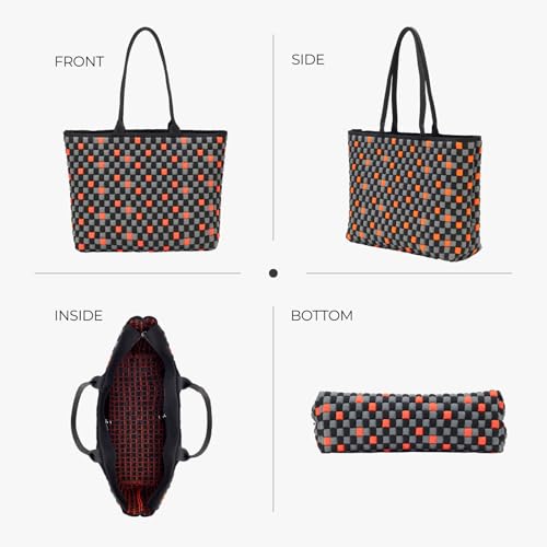 Striped Canvas Tote Bag, Black and Beige, 11.4x10.2x5.5 inches, 3D Woven Textile with Detachable Mini Bag3