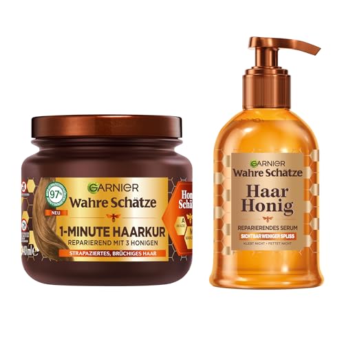 Garnier Wahre Schätze Honig Schätze Pflegeset | Reparierendes Serum (115ml) + Haarkur (340ml) | Mit Akazienhonig & Bienenwachs | Für Geschmeidigkeit & Glanz