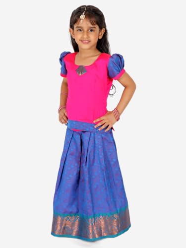 Image of BownBee Girls Silk Blend Pavda Pattu Lehenga Choli South Indian Traditional Ethnic Dress for Kids with Half Sleeves, Round neck, Back Hook Closure Dresses for Baby Girl