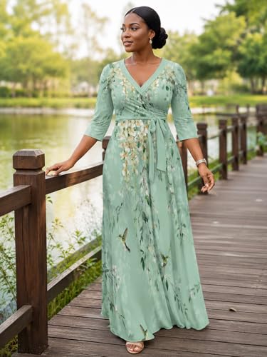 Image of PinkPatty Plus Size Maxi Dress for Women Casual V Neck 3 /4 Sleeve Boho Printed Long Dress with Pockets