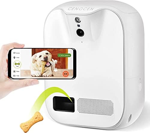 CENGCEN Pet Monitoring Camera Dog Treat Dispenser Two-Way Audio HD WiFi Dog Camera with 130° View, Remote Tossing App Compatible with Android/iOS, Supports Cloud Storage, Night Vision, Wall Mounted