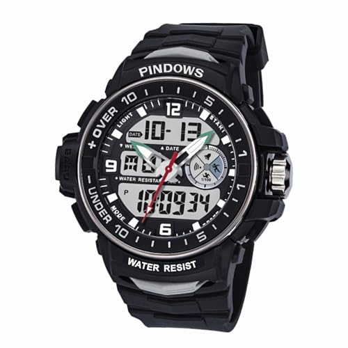 PINDOWS Hombre Relojes Deportivo, Digital Sport Multifuncional Impermeable LED Militares Hora Dual Relojes con Cuenta Atrás,Reloj Parada,Negro