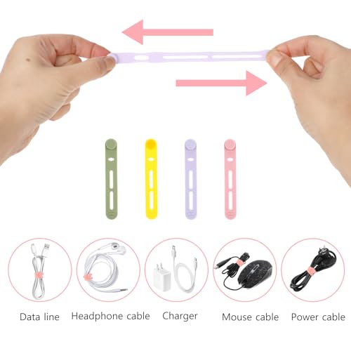 Molain Herbruikbare kabelbinders, 20 stuks verstelbare siliconen kabelriemen, draadorganizer voor oplaadkabels, oortelefoon, computer, bureau, kabelbeheer, reisaccessoires (geel+roze+paars+groen) - Afbeelding 7