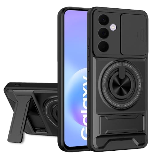 Image of AESTMO Samsung Galaxy A57 5G Back Cover | Armor Camera Slider 360 Degree Rotating Finger Ring Holder Case with Bracket Stand Back Case Cover (Compatible with MagSafe Accessories) (Black)